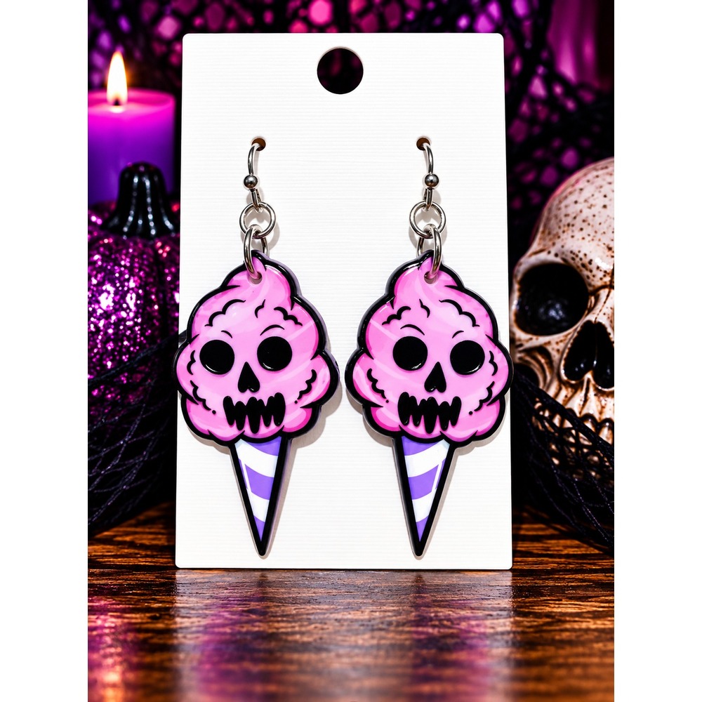 Pink Skull Ice Cream Earrings Halloween Spooky Goth Dangle Earrings Summerween